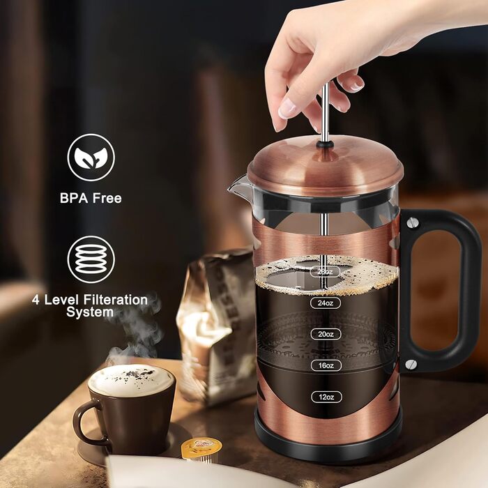 YMMIND 963.9 g French Press Coffee Maker Copper Stainless Steel Coffee Press, with 4-Stage Filtration System, Heat-Resistant Thick Borosilicate Glass, BPA-Free Brewed Coffee Pot for Camping Gifts