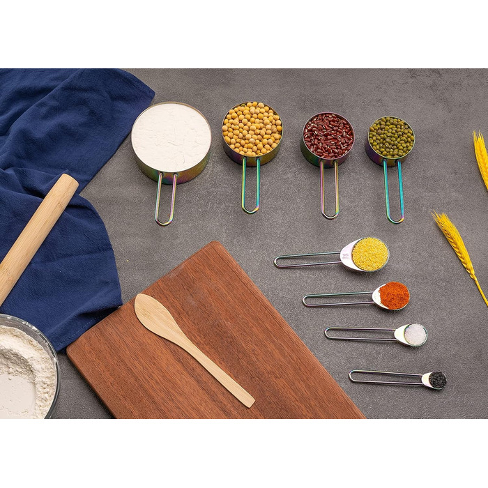 WELLSTAR Measuring Cups and Spoons Set, 4 Measuring Cups & 4 Measuring Spoons, with Stainless Steel Handles for Kitchen Cooking Baking, 8-Piece Set, Measuring Spoon Set for Dry and Liquid Ingredients