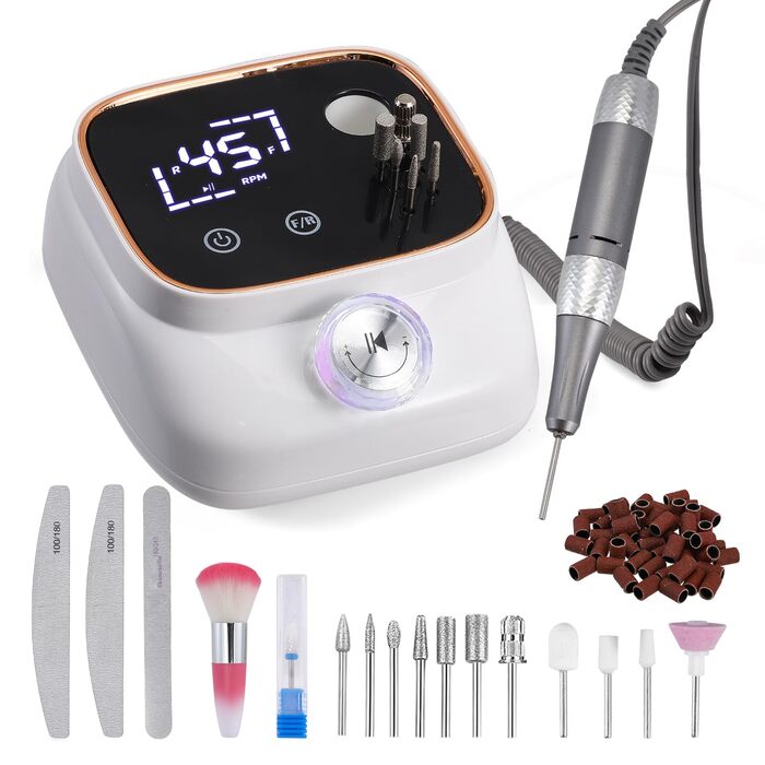 Електрична машинка для манікюру та педикюру з LCD-дисплеєм, 45000 об/хв, 56 шліфувальних стрічок, 11 свердл, USB-станція зарядки