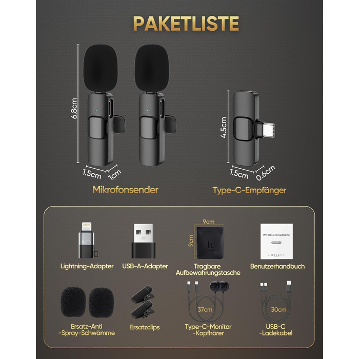 Беспроводной петличный микрофон XZ-K5 для iPhone/iPad/Android/Laptop с шумоподавлением (2 шт.)