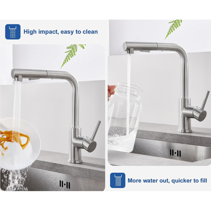 Висувна кухонна змішувач з душем, 360° поворот, нержавіюча сталь, 2 режими струменя, кухонна змішувач преміум-класу, сріблястого кольору