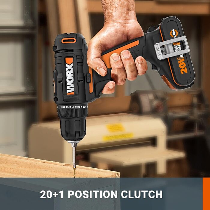 WORX WX100.3 акумуляторний дриль-шуруповерт 18V, PowerShare, 30 Nm, LED, безключовий патрон 10 мм, 2 акумулятори, оранжевий & чорний