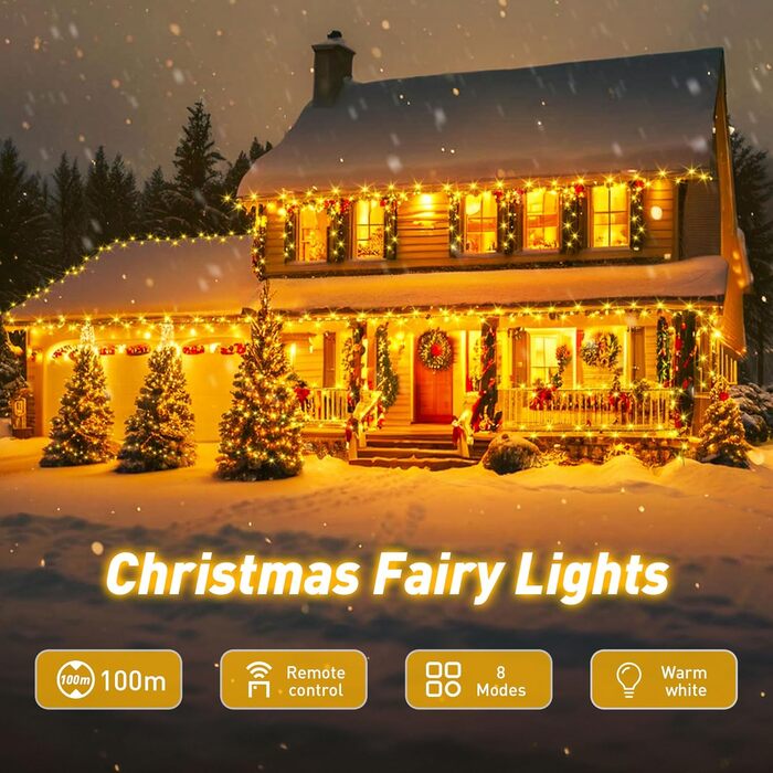 Гірлянда світлодіодна для прикраси ялинки та дому, 80м, 800 LED, вологостійка, з пультом, таймером, 8 режимів, тепле біле світло, для саду, вечірки, святкування Різдва