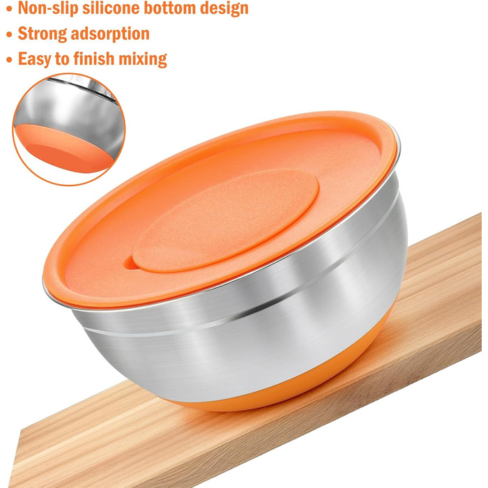 Набір місок для перемішування BEWOS 7 шт. з кришкою, нержавіюча сталь, набір місок з терткою, вкладна конструкція, кольорові нековзні дна, об'єм 4.3, 3.8, 3.3, 2, 1.4, 1, 0.7 л для змішування та подачі