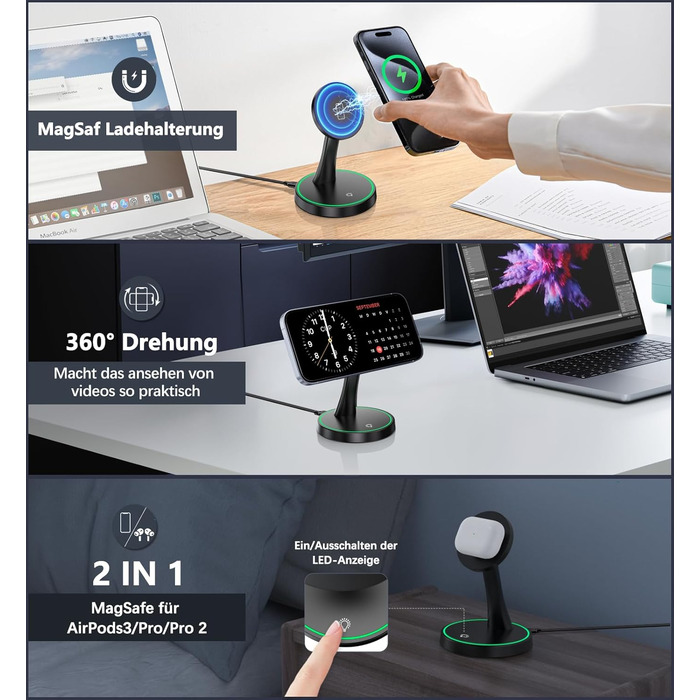 Бездротова зарядка MagSafe для iPhone 15/14/13/12, AirPods 3/2/Pro, 15W, з підсвічуванням