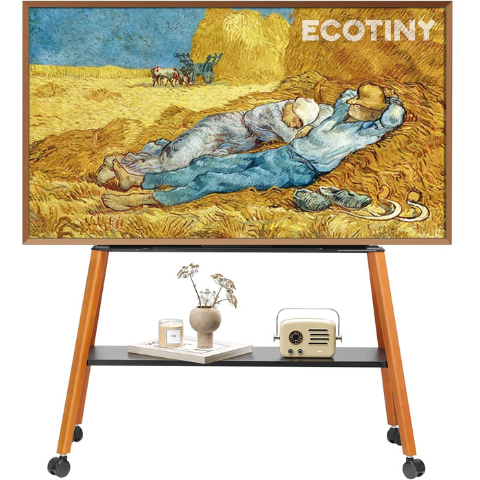Підставка для телевізора ECOTINY на колесах для 49-75 дюймів, до 40 кг, Easel Design, металева конструкція та полиця з дерева, чорна