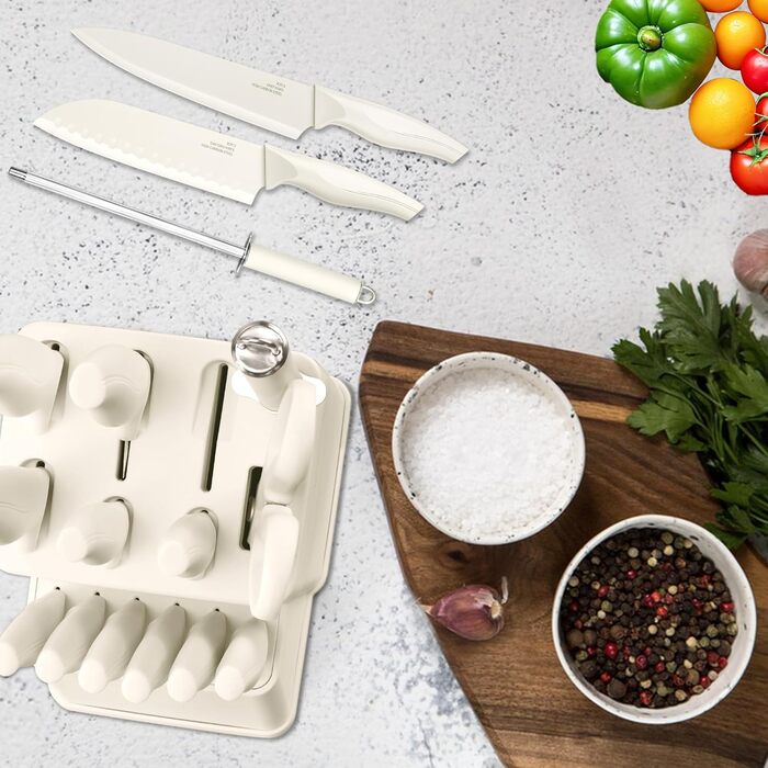 Набір ножів Joyfair 15 предметів з підставкою, з високоякісної вуглецевої сталі, з точильним каменем, для кухні, з кухонним ножем, ножем для хліба, ножицями, для нарізання та подрібнення (білий)