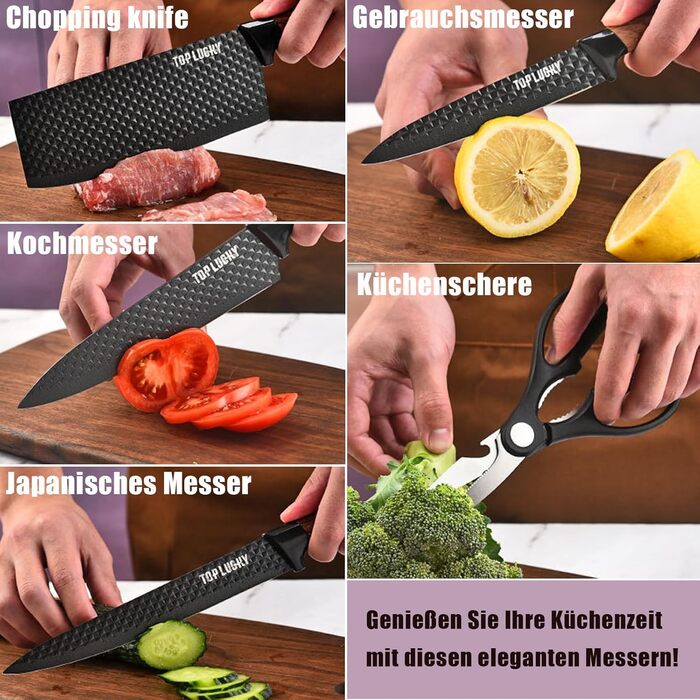 Набір ножів Messer Set 6 предметів, чорний, з підставкою, з нержавіючої сталі, антипригарне покриття, для кухні, ресторану, пікніка