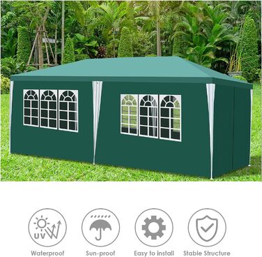 Garden pavilion - Garden pavilion with 6 side walls and windows, stable, UV protection, waterproof, party pavilion, folding garden tent, party tent, for outdoor use, garden, party, wedding (3x6m, Green)