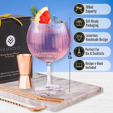 Vemacity Twisted Gin & Tonic Glass Set | 2 Handcrafted Gin Glasses, Rose Gold Bar Spoons, Spirits Measuring Jigger, 2 Metal Straws, Pourer & Recipe PDF | Cocktail Set