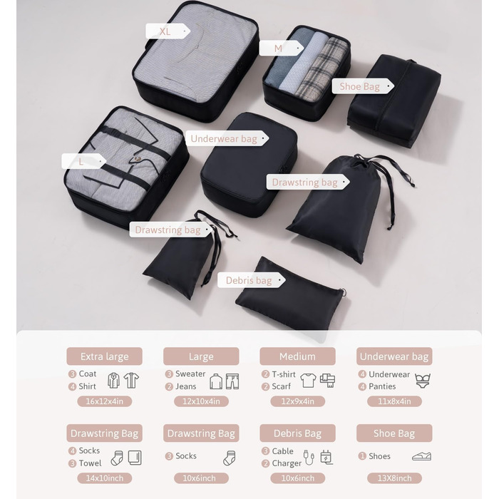 Органайзер для валізи Meowoo, набір 8 шт., кубики для пакування, чорний. Організація багажу для подорожей та бізнесу.