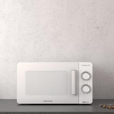Мікрохвильова піч Cecotec Pro Clean 3120 з кварцовим грилем 800 Вт, антибактеріальним покриттям Ready 2 Clean, технологією 3D Wave, об'єм 20 л, 6 режимів, біла дверцята
