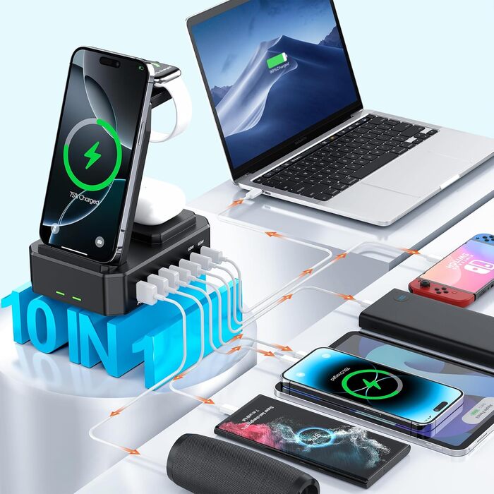 Універсальна бездротова зарядна станція 10-в-1, 280 Вт USB-C для iPhone, MacBook, Android, GaN III PD 65 Вт швидка зарядка