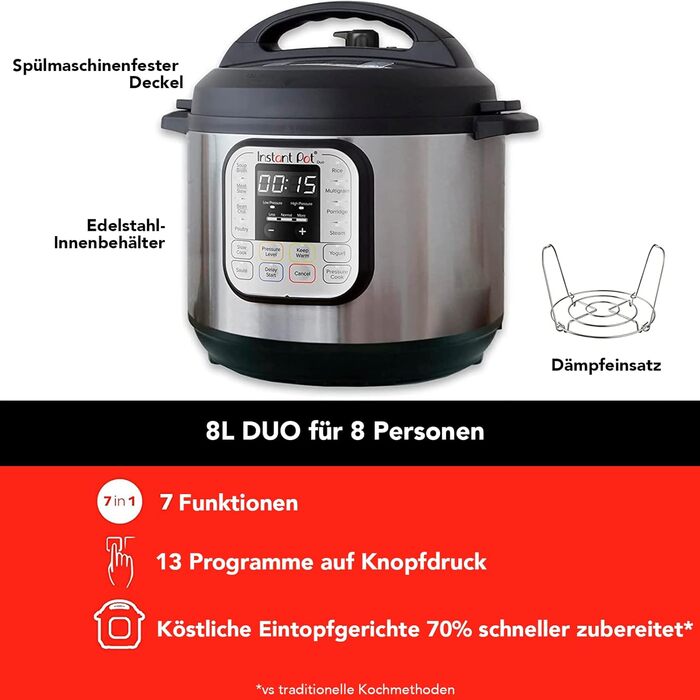Instant Pot Duo 80 Electric Multi-Cooker 1200W, 7.6L, Stainless Steel - Pressure Cooker, Slow Cooker, Rice Cooker, Sauté Pan, Yogurt Maker, Steamer, and Sterilizer, Silver Duo 7.6 Liter