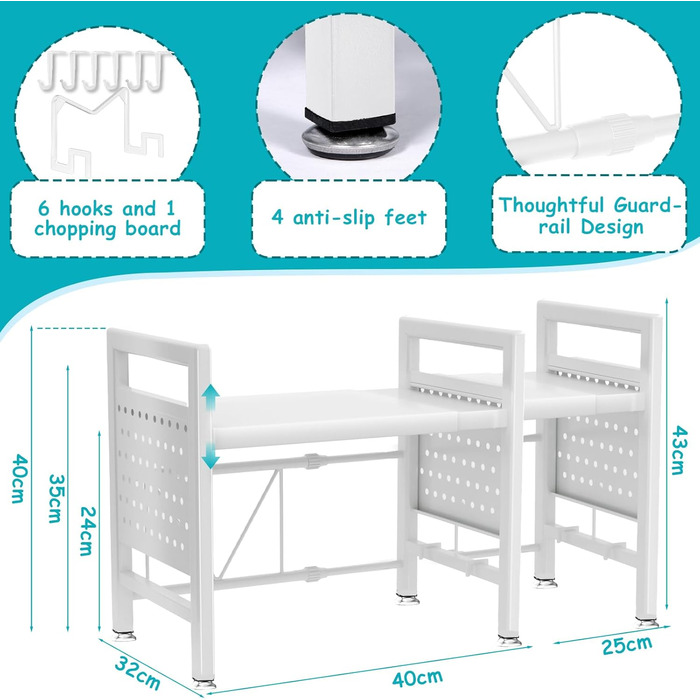Підставка для мікрохвильової печі, 2-рівнева, розширювана 40-65см, з 6 гачками, для кухонного ножа, біла
