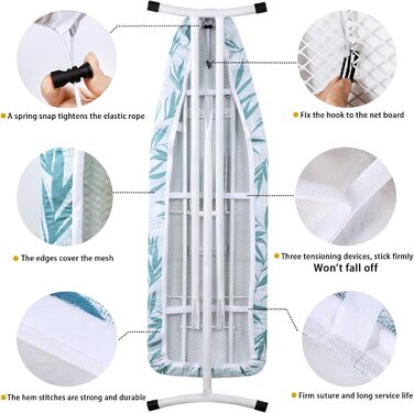 Чохол для гладильної дошки, 140 x 50 см, великий з бавовни, товстий, антиковзкий, розмір XXL (Листя, зелений)