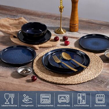 Набір посуду HaWare на 6 осіб, 18 предметів: тарілки з реактивної глазурі, комплект посуду для сервірування столу (Edelblau)