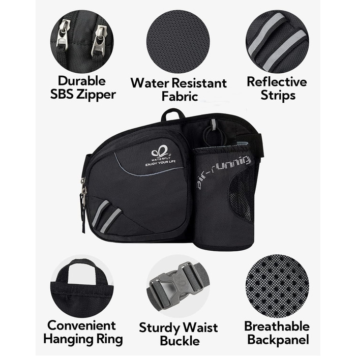 Спортивна поясна сумка Waterfly з тримачем для пляшки, чорна. Для бігу, велоспорту, кемпінгу, подорожей та інших активностей.