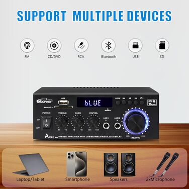 HiFi підсилювач WOOPKER AK45 Pro, 500 Вт, Bluetooth, 2-канальний, стерео, міні аудіо ресивер з FM-радіо, USB/SD/AUX/RCA/MIC входами, 12В/220В для колонок