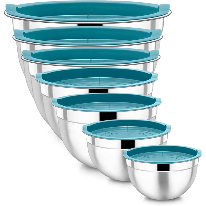 Homikit Mixing Bowls, 7-Piece Stainless Steel Bowl Salad Bowl Set with Airtight Lid for Cooking/Baking/Serving, Nesting, Dishwasher Safe, 6.5/4.5/2.7/2.5/1.5/1.2/0.7L, Blue