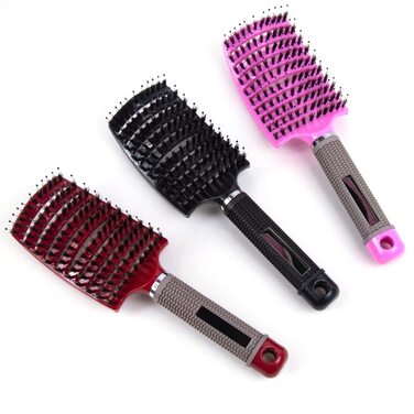 Набір з 3 шт. щіток для волосся з щетиною дикого кабана, розподіляють олію, випрямляють волосся, дихають та прискорюють сушку. Кольори: червоний, рожевий, чорний