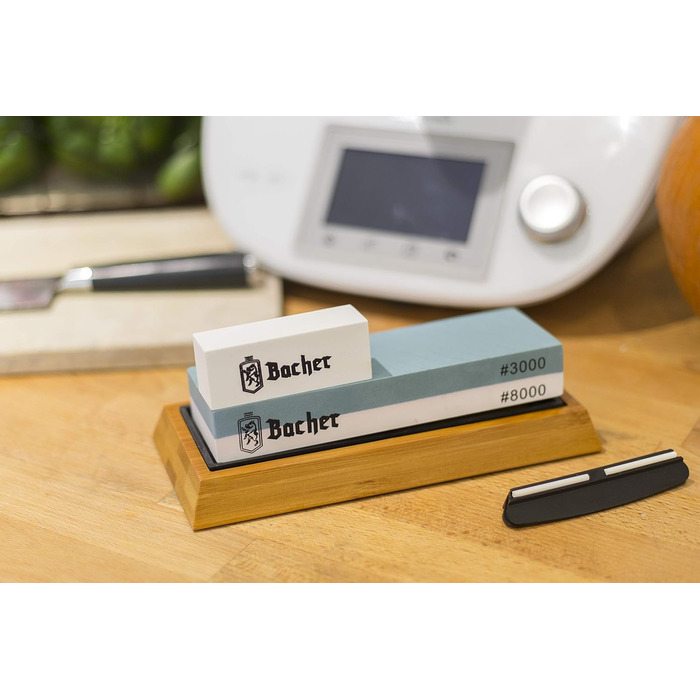 Преміум точильний камінь Bacher. Двосторонній, зернистість 400/1000. Точильний камінь для ножів з антиковзним бамбуковим блоком, для заточування ножів, з інструкцією. Зернистість 400/1000 (3000/8000)