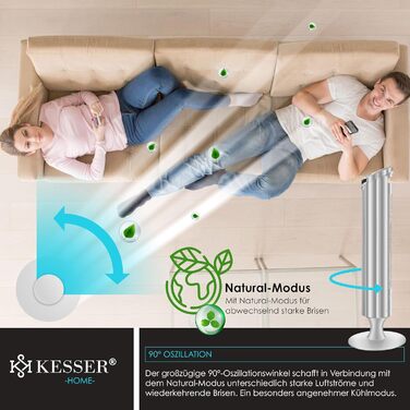 Турбо вентилятор KESSER® з пультом керування | 90° кут осциляції | 3 швидкості | 90 см | Таймер | Turbo функція | Стовпчастий вентилятор | Сріблястий колір