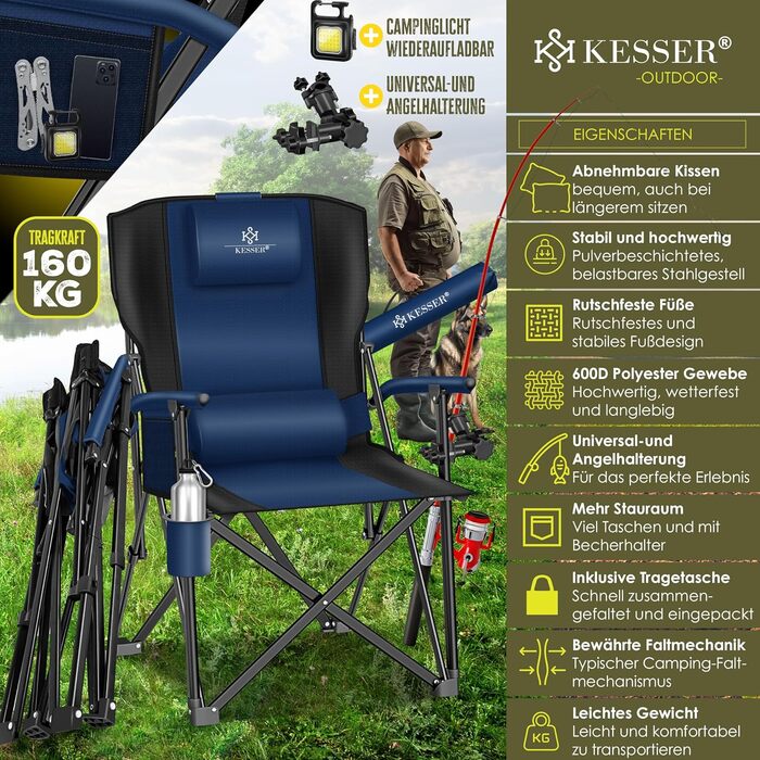 Крісло для кемпінгу KESSER® з високою спинкою, 160 кг, з підлокітниками, тримачем для напоїв та світлом, Navy Blue/Black