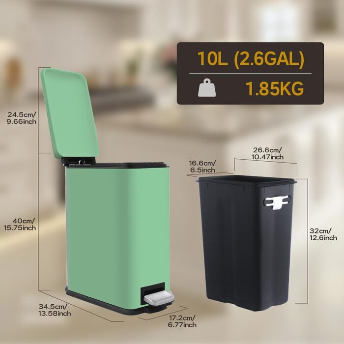 Відро для сміття кухонне 30 літрів, вузьке з кришкою, з м'яким закриттям, з педаллю, для кухні, ванної кімнати та офісу, зелене