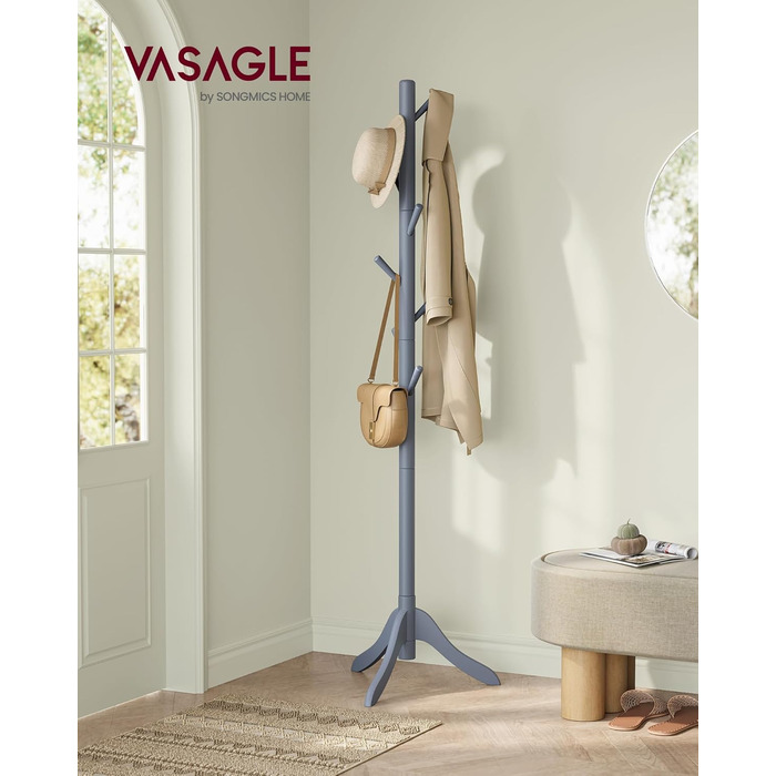 VASAGLE Coat Rack, Solid Wood Clothes Rack, Coat Stand with 8 Hooks, Tree Shape, 3 Adjustable Heights, for Coats, Jackets, Bags, for Entryway, Bedroom, Grey RCR01GY