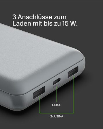 Powerbank Belkin 20000mAh з USB-C та USB-A, 20K, сірий, для iPhone, Galaxy, Pixel, iPad, AirPods