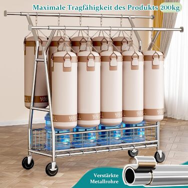 Підвісна шафа для одягу на коліщатках з подвійною перекладиною та сітчастим кошиком, 200 кг, великий об'єм для зберігання одягу та аксесуарів