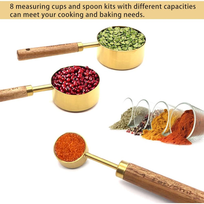 8-Piece Stainless Steel Measuring Cup and Spoon Set with Wooden Handle for Dry and Liquid Ingredients (Gold)