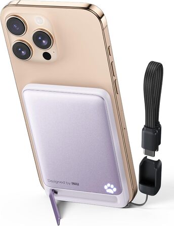 Power Bank INIU Magsafe 20W, 5000mAh, Qi2, з кабелем USB-C та підставкою, сумісний з iPhone 16/15/14/13/12 (Світло-фіолетовий)