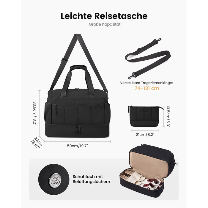 Сумка-трансформер LOVEVOOK для жінок: дорожня, спортивна, для пологового будинку, з відділенням для взуття (чорна, 37л)