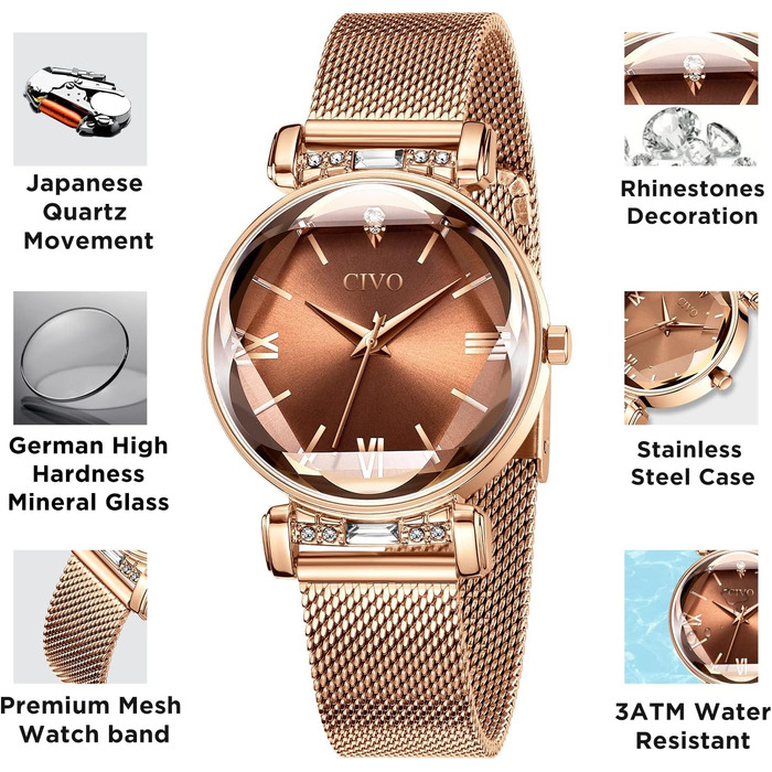 Жіночий годинник CIVO: водостійкий, мінімалістичний, кварцовий, кварцовий годинник для жінок (Y-3 рожеве золото)