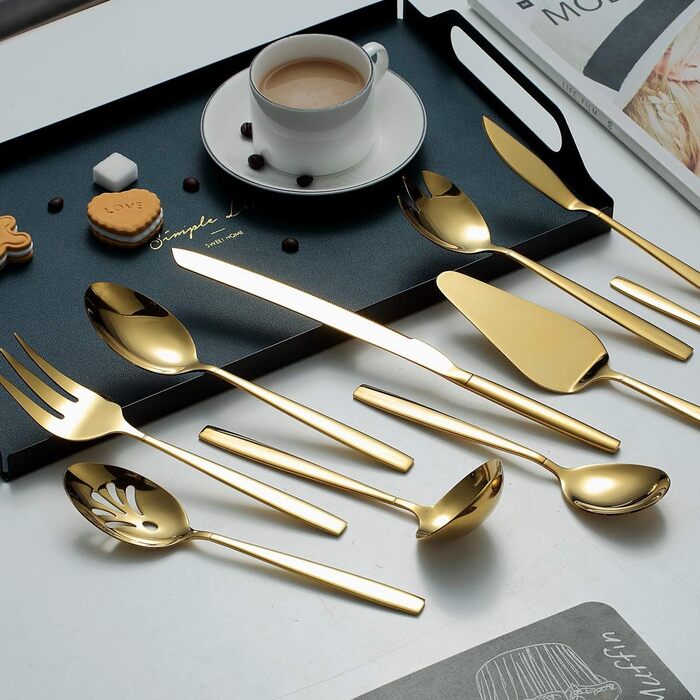 Berglander Gold Cutlery Serving Set, 10 Pieces, Stainless Steel Cutlery Serving Set with Gold Titanium Coating, Serving Spoon, Silver Serving Utensil, Rust Protection (10 Pieces)