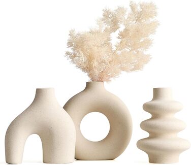 Set of 3 Ceramic Vases for Pampas Grass - Modern Round Decorative Vases for Home Decor, Wedding Centerpieces