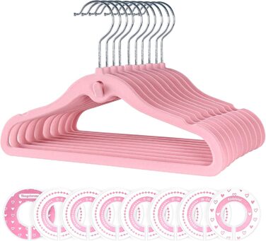 Набір велюрових дитячих вішалок 28 шт: 20 вішалок для одягу та 8 роздільників для дитячої шафи, з додатковим гачком, неслизькі, економія місця, рожеві