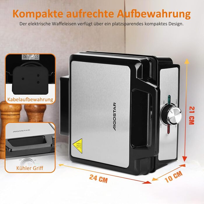Вафельниця Aigostar для 2 бельгійських вафель, 1600W, антипригарне покриття, LED-дисплей, компактний дизайн з нержавіючої сталі, BPA та PFOA free