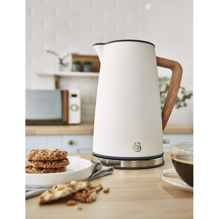 Swan Nordic Ultra Fast Electric Kettle - Wireless, Modern Design, 1.7L, 2200W, Wood-Look Handle, Auto Shut-Off, White - Single Serve