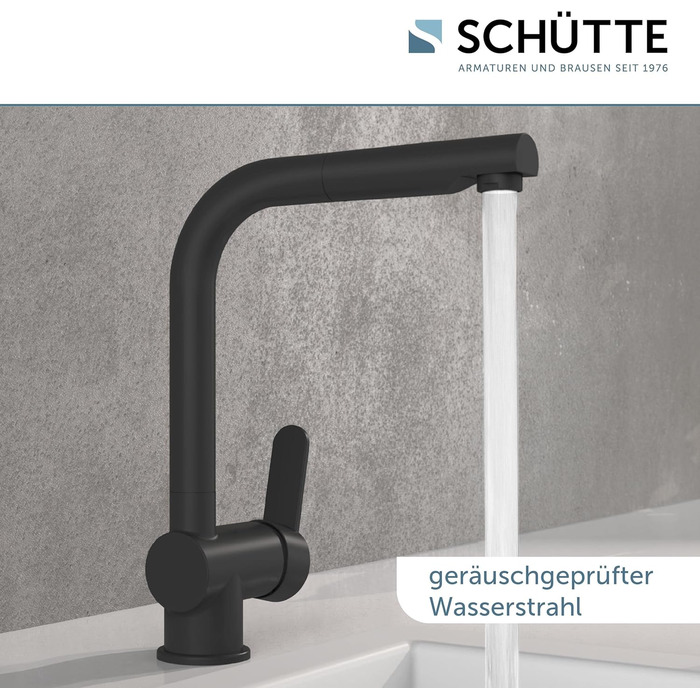 Кухонний змішувач SCHÜTTE LONDON з висувною лійкою, поворотний на 360°, з однорідним змішувачем, чорний, 29,8 см (для високого тиску)