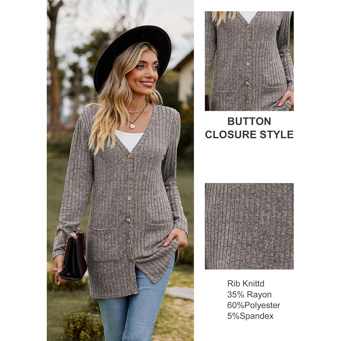 Кардиган жіночий з довгим рукавом Famulily, відкритий ззаду, V-подібний виріз, легкий, з кишенями (L, Кофе)