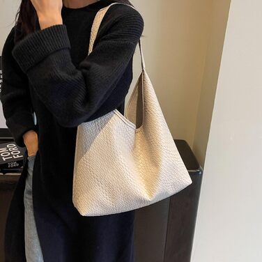 Жіноча плечова сумка з екошкіри бежевого кольору, велика місткість, Hobo сумка з ручкою (Vegan Leather Shoulder Bag)