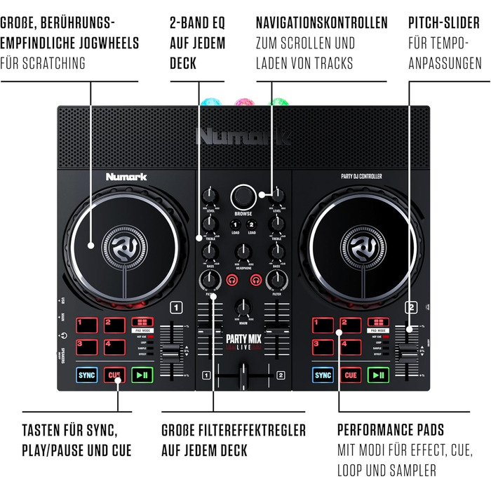 DJ контролер Numark Party Mix Live з колонками, світловим шоу, 2 деками та мікшером (Serato DJ Lite)