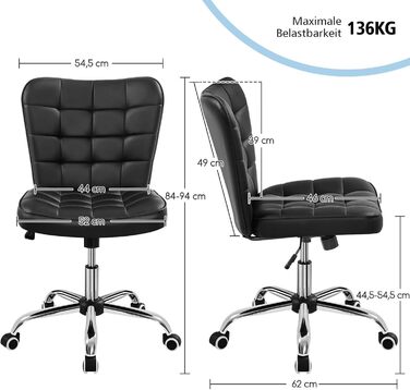 Крісло офісне Yaheetech без підлокітників, обертове, регульоване по висоті, на роликах, з штучної шкіри (чорне)