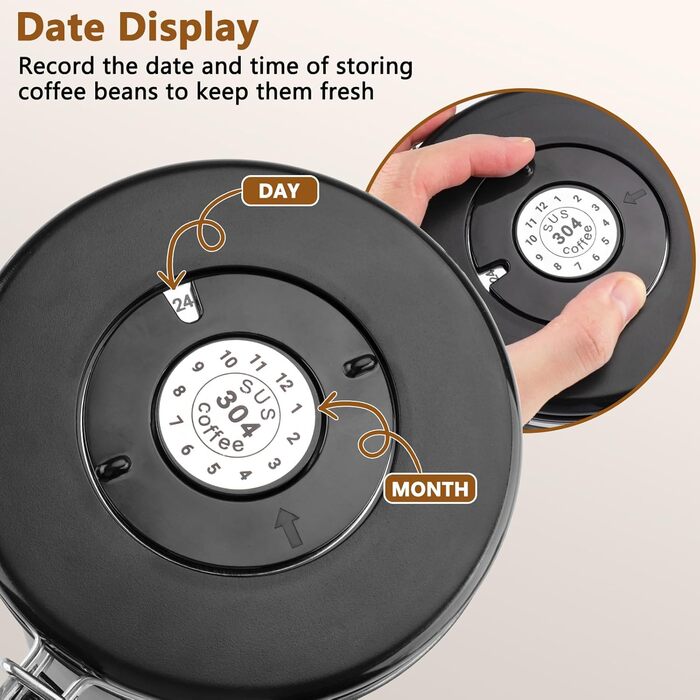 Герметичний контейнер для кави, 1.8L, нержавіюча сталь 304 з датою розкриття та мірною ложкою для кави, зерен, чаю, борошна, зерна та цукру (Білий)
