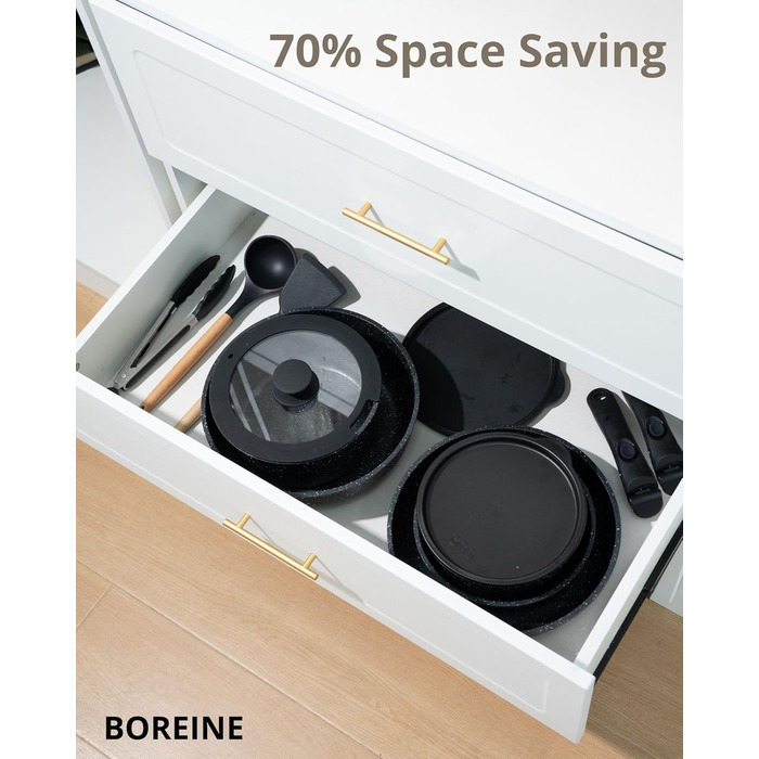 Набір посуду BOREINE 14 предметів: каструлі та сковороди з антипригарним гранітним покриттям (PFOA-free), знімні ручки, для всіх типів плит (індукція, склокераміка, газ, духовка), коричневий