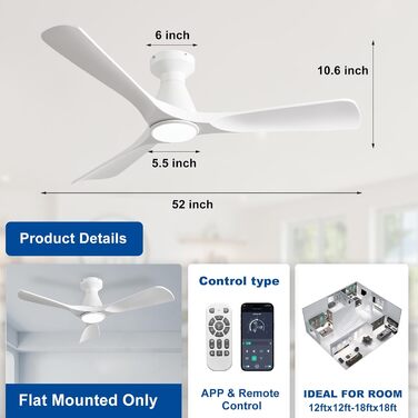 Стелянка вентилятор Depuley 42 дюйми з підсвічуванням: 3 лопаті, врізний монтаж, для спальні. Диммування, керування через додаток, тихий DC-двигун, таймер. Білий колір.