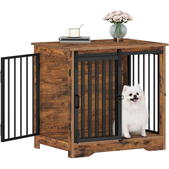 Сучасний вольєр для собак Hzuaneri DFC84301B, 69x49x64.5 см, вінтажний коричневий, з 2 дверцятами, для собак маленьких, середніх та великих порід